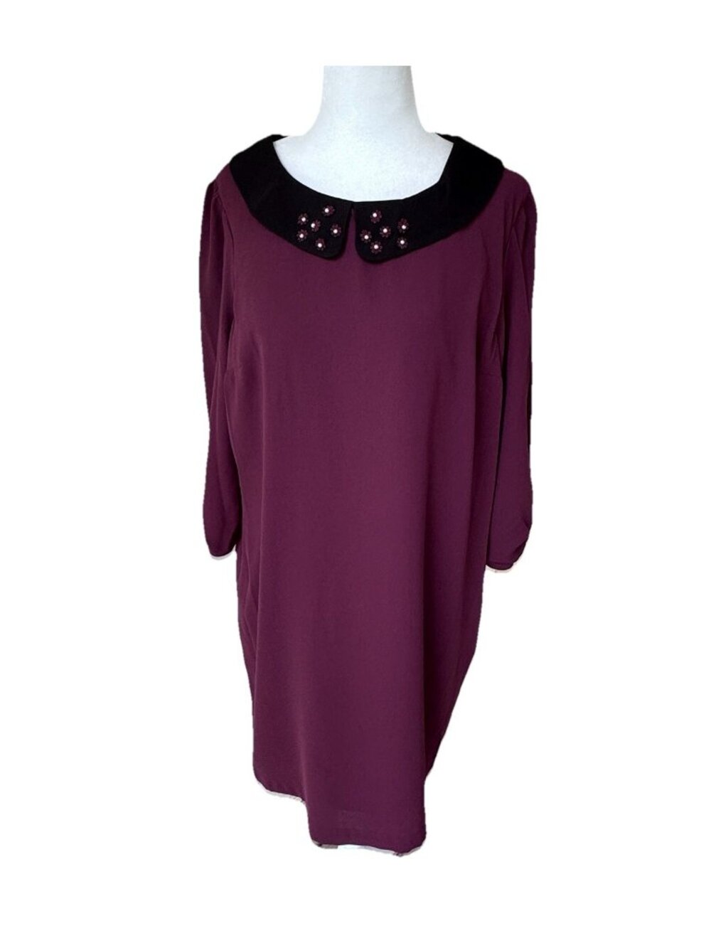 NWT LC Lauren Conrad Maroon Dress Black Detachable Beaded Peter Pan Collar Large